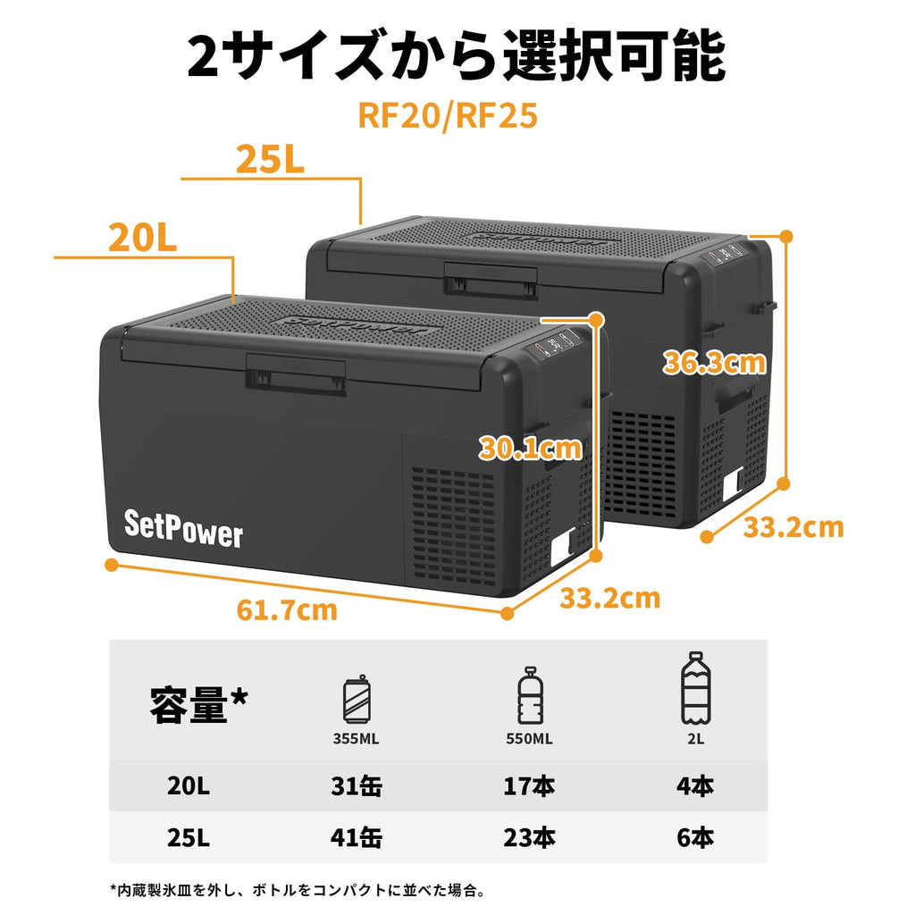 Setpower RF20 車載冷蔵庫 【内蔵製氷皿 50時間持続保冷】ポータブル冷蔵庫 持ち運び冷凍庫 (ブラック）